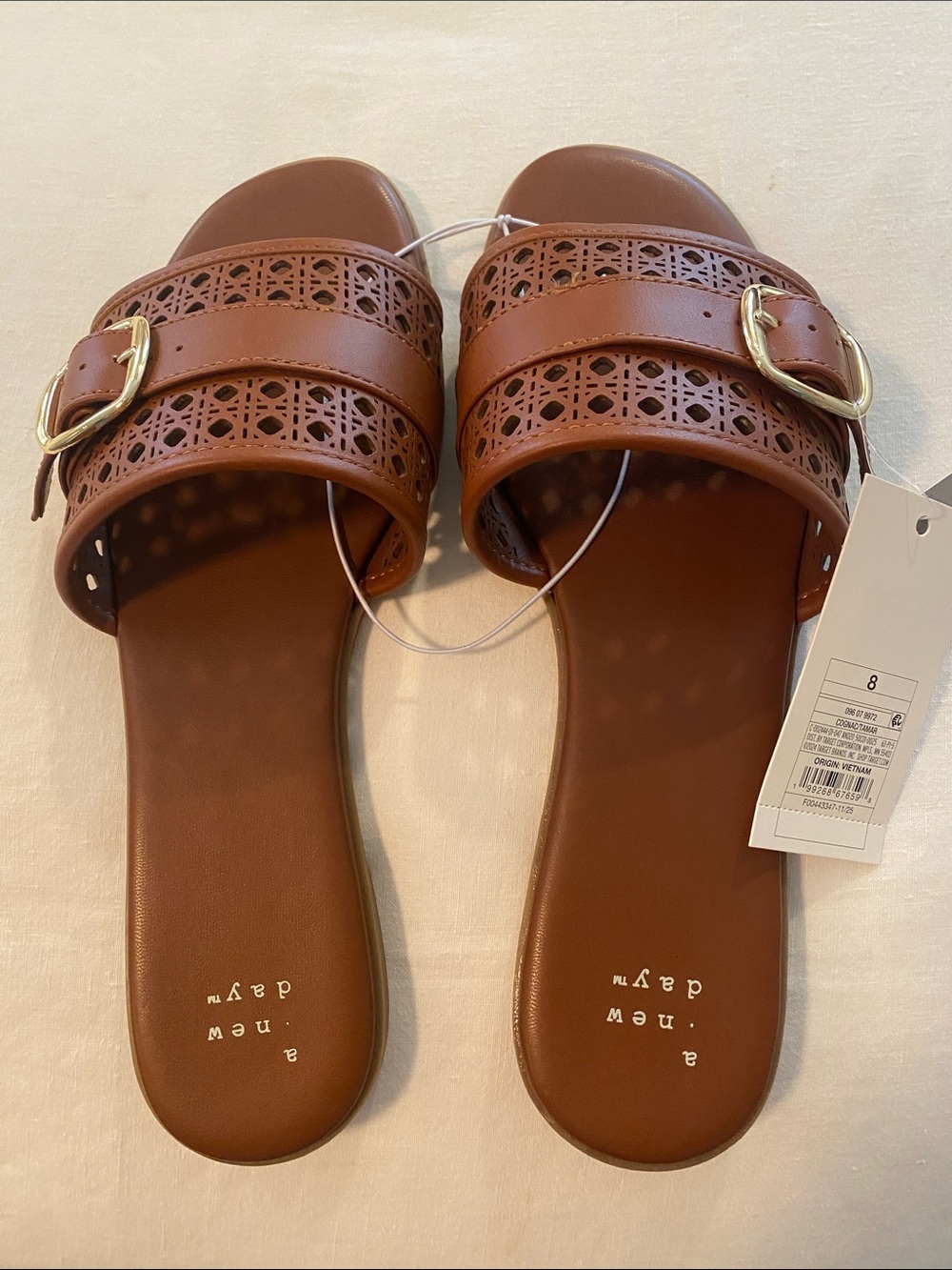 a new day Cognac Perforated Double-Strap Slide Sandals with Gold Buckle